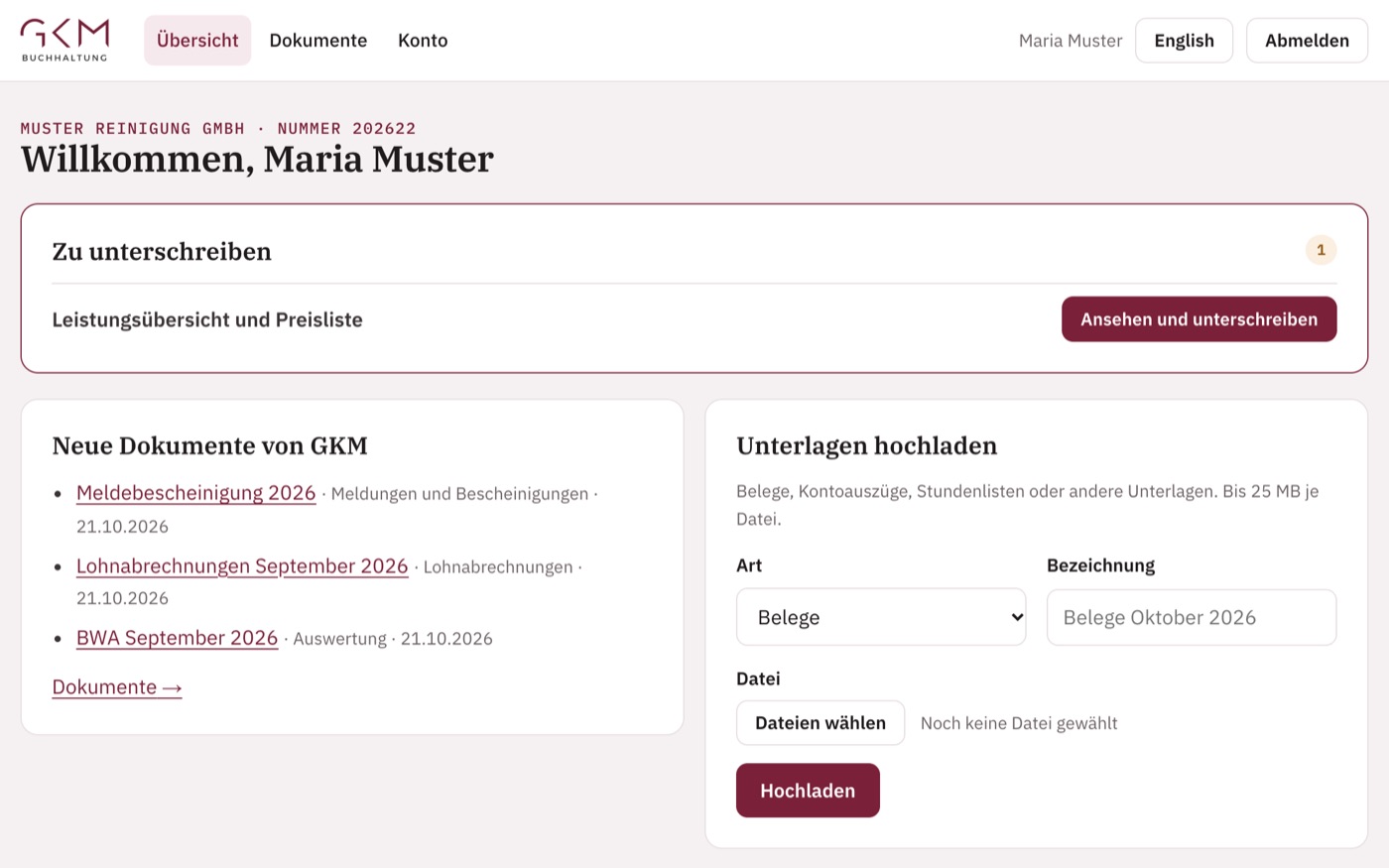 Übersicht im Kundenportal von GKM Buchhaltung mit Musterdaten: ein Dokument zur Unterschrift, neue Unterlagen von GKM und das Hochladen von Belegen