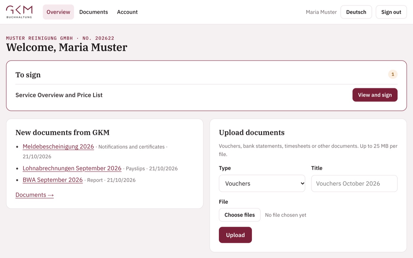 Overview in the GKM Buchhaltung client portal with sample data: a document to sign, new documents from GKM and the receipt upload